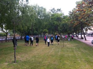 nordic walking de grupo por sendero cercano a la carretera