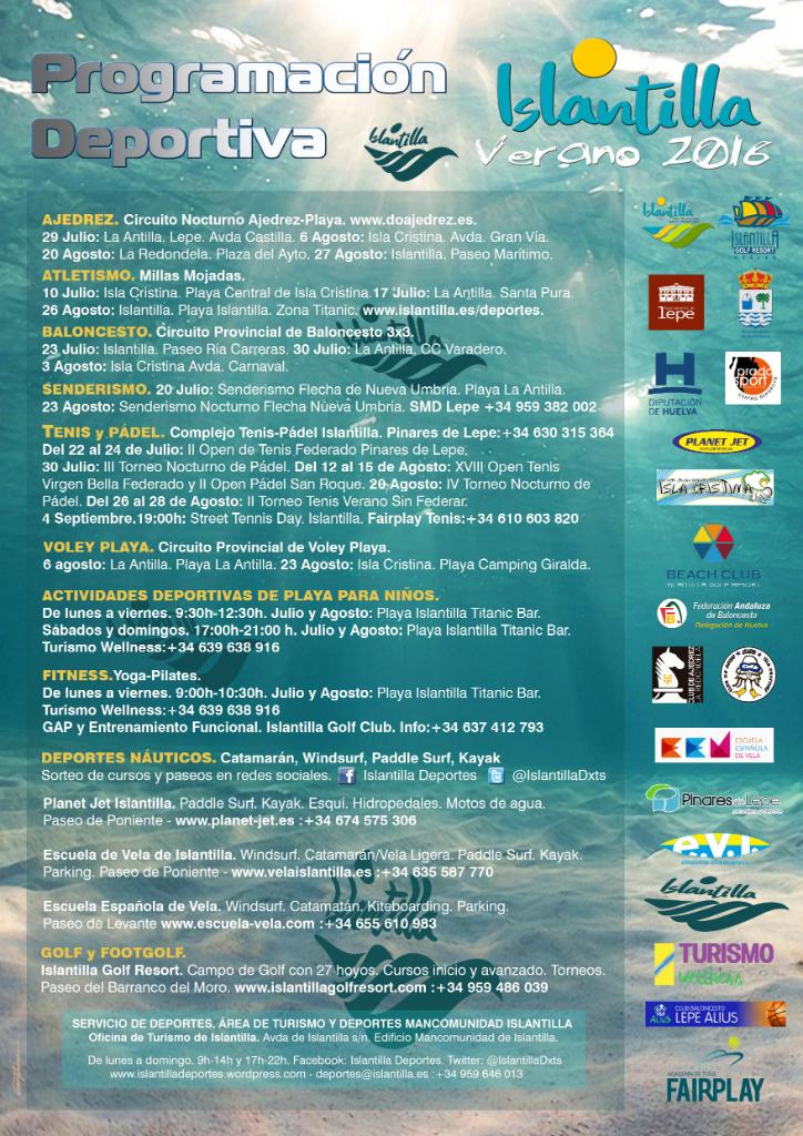 Cartel con la programación deportiva de Islantilla para el verano 2016, detallando actividades como torneos, carreras y eventos acuáticos. Incluye fechas, descripciones y logos de patrocinadores sobre un fondo con temática marina