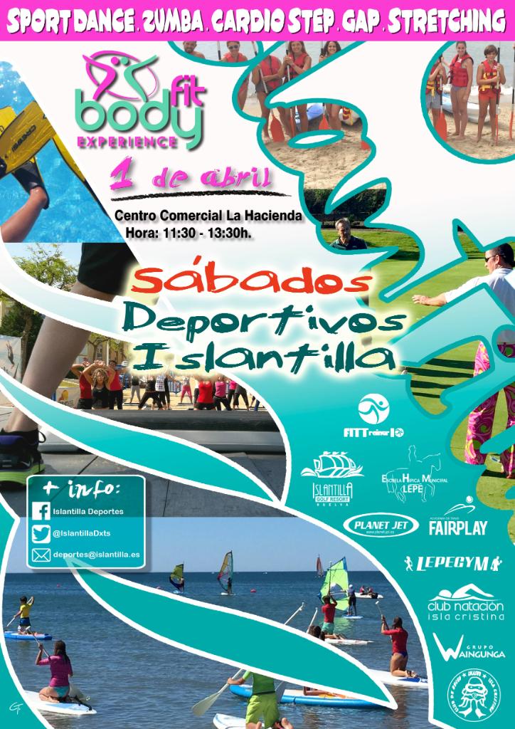 Cartel promocional de los Sábados Deportivos en Islantilla, con actividades como zumba y cardio. Incluye imágenes de fitness, junto con información del evento