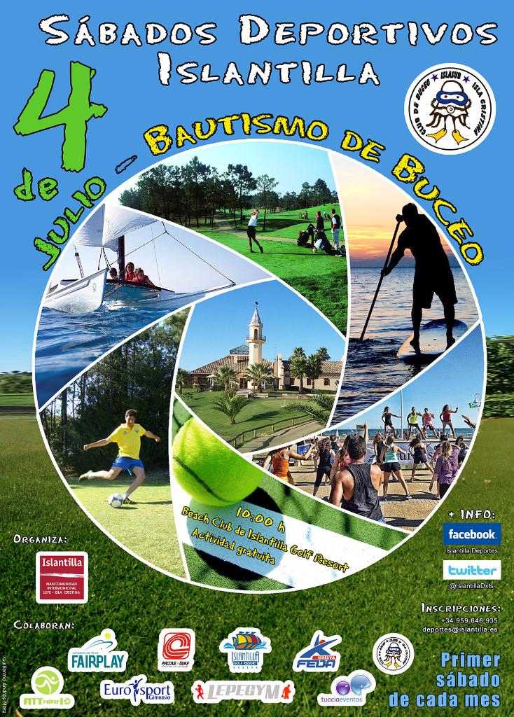 Cartel promocional de los "Sábados Deportivos Islantilla" anunciando el evento de bautismo de buceo. Incluye imágenes de actividades deportivas al aire libre, logos de patrocinadores y menciona que se celebra el primer sábado de cada mes