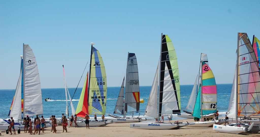 Varios catamaranes con velas de colores alineados en la arena, listos para una regata en el mar, con personas alrededor y cielo despejado