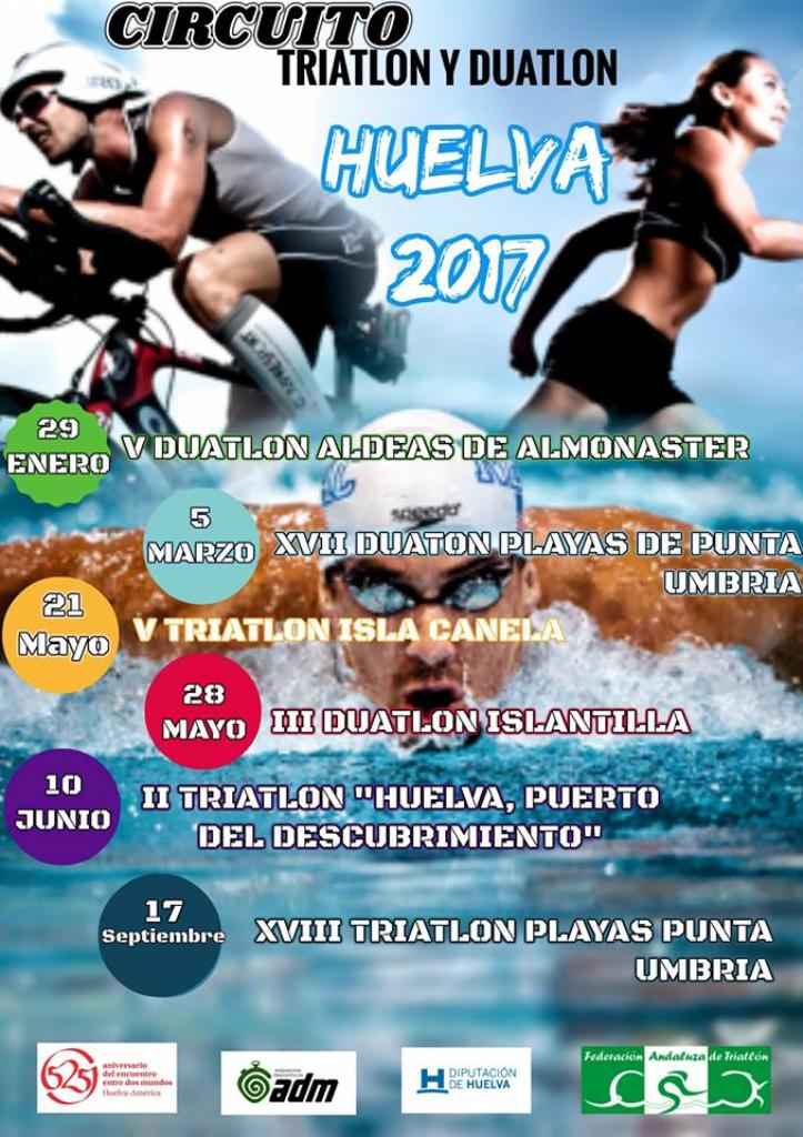 Cartel del Circuito Triatlón y Duatlón Huelva 2017 con fechas y sedes de eventos, imágenes de atletas