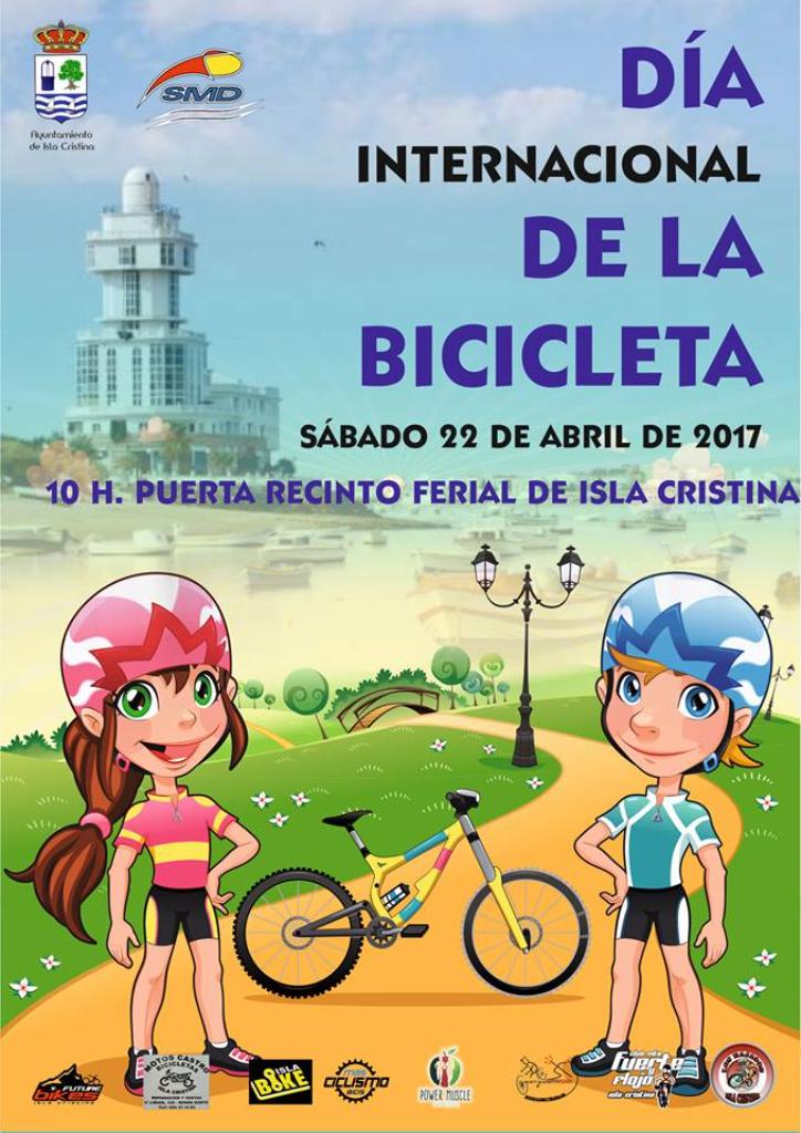 Cartel del Día Internacional de la Bicicleta en Isla Cristina, con ilustraciones de dos ciclistas infantiles junto a una bicicleta, fondo natural y detalles del evento