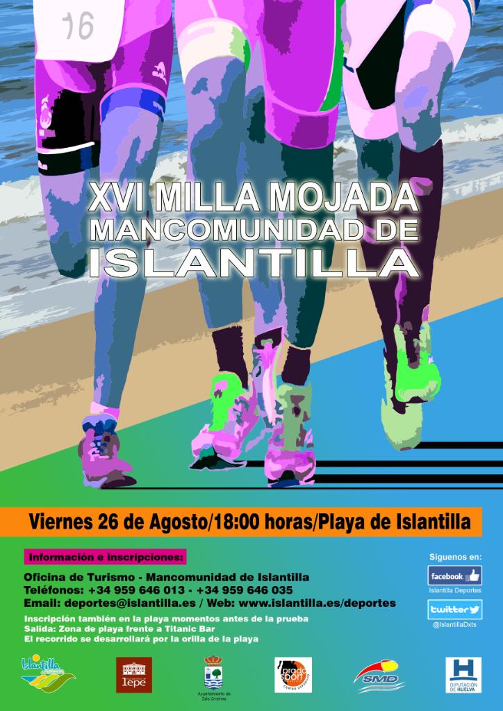 Cartel de la XVI Milla Mojada de la Mancomunidad de Islantilla, con una ilustración colorida de corredores en la arena
