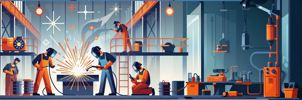 ilustración minimalista de soldadores trabajando