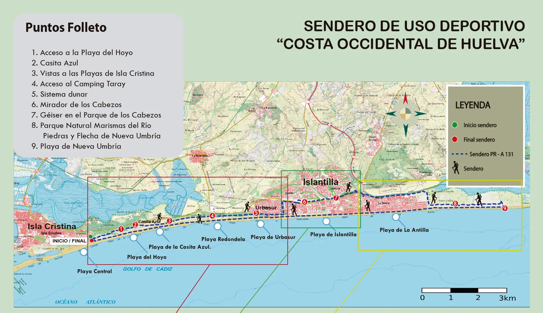 Mapa del sendero PR-A 131 “Costa Occidental de Huelva”, que conecta Isla Cristina, Islantilla y La Antilla, mostrando los principales puntos de interés del recorrido.