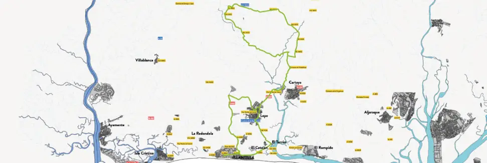 Ruta 2. Mapa de la ruta cicloturista desde Islantilla hasta el embalse del río Piedras.