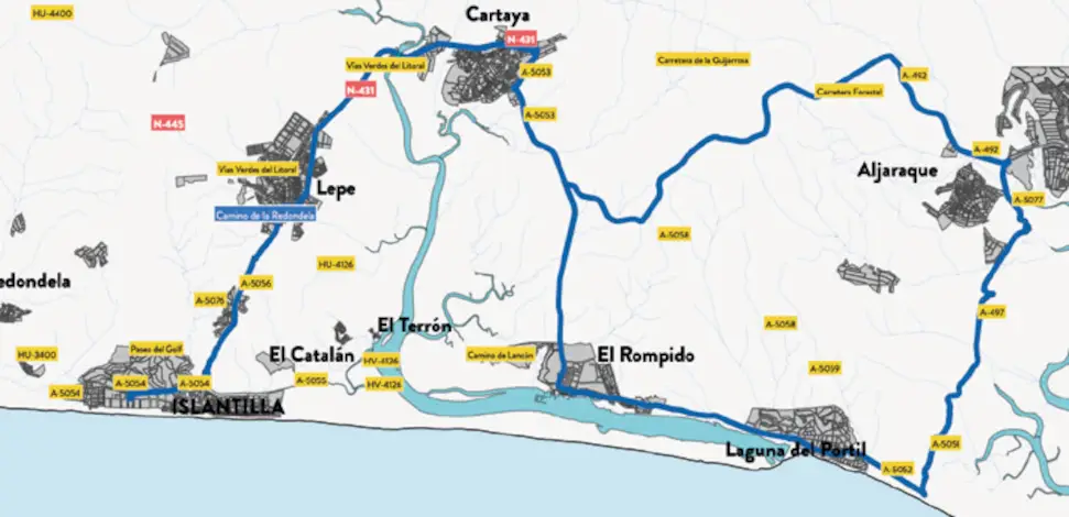 Ruta 10. Mapa de la ruta cicloturista desde Islantilla hasta El Portil y Aljaraque.
