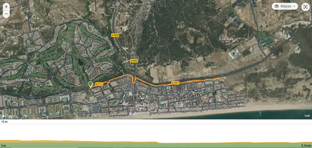 Mapa de la ruta familiar en bicicleta por Islantilla, Huelva.